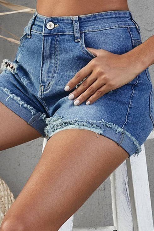 Patchwork Rolled Hem Denim Shorts